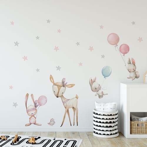 Image of Wall Stickers for Kids Room Baby Nursery Decoration - Woodland Animals Bunny Deer Balloon Decals for Girls Bedroom - Waterproof Removable Self Adhesive Pink Grey Stars Wall Stickers for Room Decor