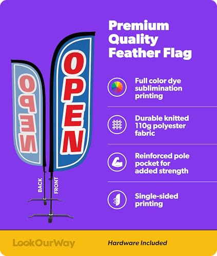 Image of LookOurWay Feather Flag Set - 5ft Tall Advertising Banner Flag with Pole Kit and X-Stand for Business Promotion - Open Blue /Red