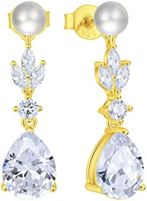 FATACI Women Bridal Wedding Earrings Gold Plated Leaf Teardrop Pearl Dangle & Drop Earrings with 5A Cubic Zirconia for Brides Bridesmaids Proms Jewerly Gifts