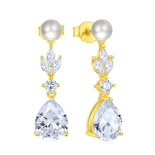 Fataci Women Bridal Wedding Earrings Gold Plated Leaf Teardrop Pearl Dangle & Drop Earrings With 5A Cubic Zirconia For Brides Bridesmaids Proms Jewerly Gifts #TOP3