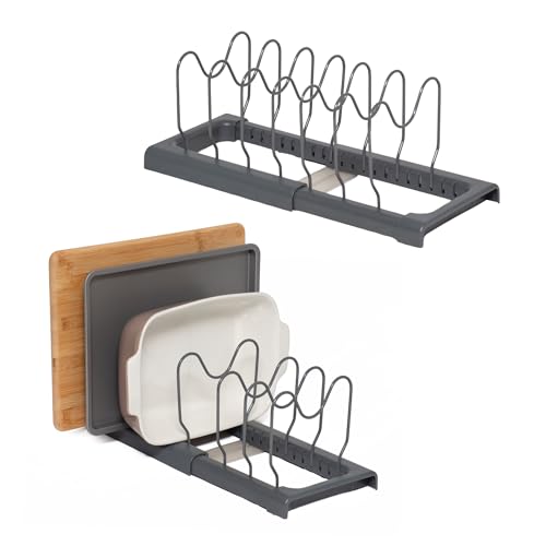 simplywire – Erweiterbares Backblech- und Schneidebrett-Gestell – 2er-Pack – Pfannendeckelaufbewahrung – Küchenschrank-Organizer – Grau Kunststoffbeschichteter Stahl