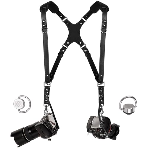 Camera Harness for 2 Cameras – Slim Dual Shoulder Leather Camera Strap – Camera Straps for Photographers with Safety Tether Adjustable Size, Color Black