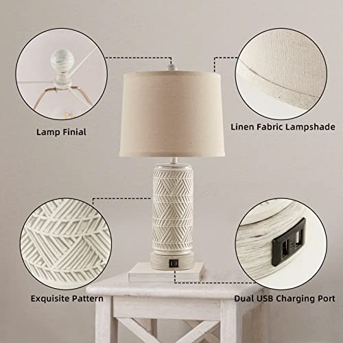 Roriano Set Of 2 Rustic Touch Ceramic Table Lamps For Living Room, 3 Way Dimmable With Dual Usb Ports Bedroom Nightstand Lamp, Linen Fabric Shade Bedside Accent Desk Lamps, Led Bulb Included #TOP4