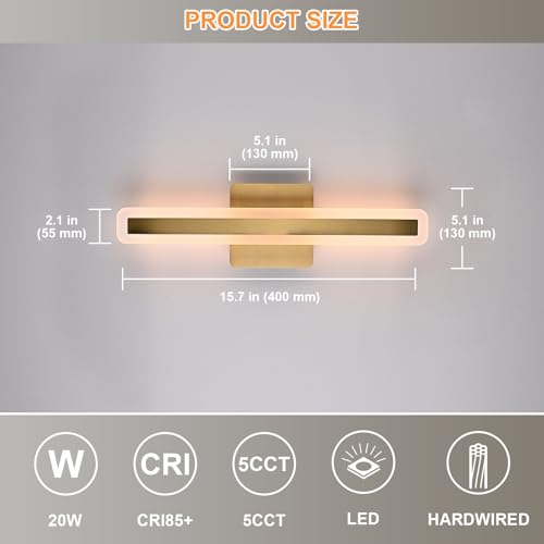 Image of 15.7 Inch Modern Bathroom Vanity Light, 20W Dimmable LED Vanity Lights 2700K-5500K, Brushed Brass LED Bar Lights Wall Sconces Bath Light Fixtures Over Mirror for Bathroom Cabinets Bedroom
