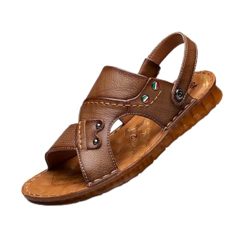 Wygwlg Men Genuine Leather Sandals, Summer Fashion Trend Beach Shoes Slippers, Comfortable Walking,Brown-41