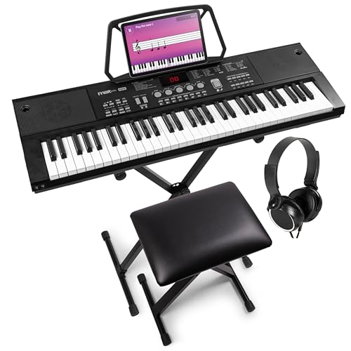 MAX KB15 - Keyboard mit Ständer, Hocker, Mikrofon und Kopfhörer, Keyboard Piano mit 61 Tasten und Display, 8h Akku, LCD Display, 70 Songs, 26 Klangarten, 8 Percussion, USB-C