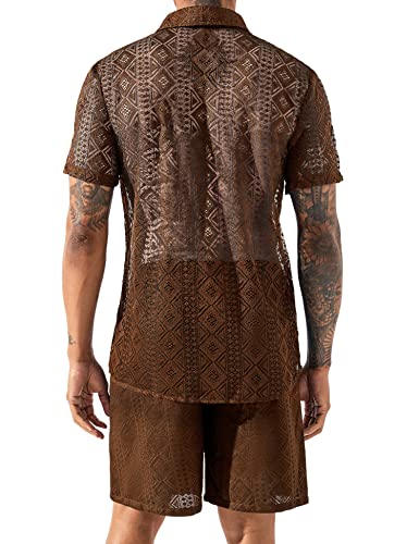 Lecgee Men Lace Summer Outfits Two Piece Button Down Set Hollow Out Short Sleeve Shirt Shorts Tracksuit(Brown,Small) #TOP2