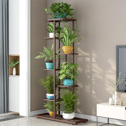 Image of LINZINAR Plant Stand Metal 7 Tier 8 Potted Multiple Flower Pot Holder Shelf Indoor Outdoor Planter Display Shelving Unit for Patio Garden Corner Balcony Living Room, Bronze