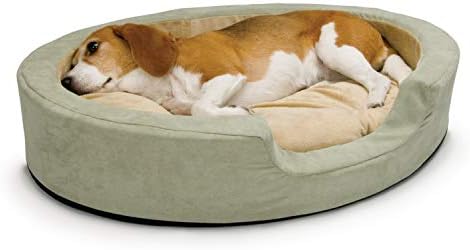 K&H Pet Products Heated Dog Bed Indoor, Thermo-Snuggly Sleeper with Removable Waterproof Heated Pad, Calming Pillow Pet Bed, Machine Washable, Safety Listed - Medium 26 X 20in Sage/Tan