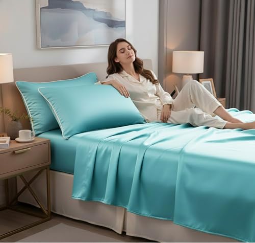 Image of VAS COLLECTIONS Satin Bedsheet King Size (108 x 108 Inches) | 300 TC Ultra Soft Silky Smooth Satin Bed Sheet with 2 Pillow Covers | Luxury Satin Bedsheets for Double Bed (Aqua Blue)