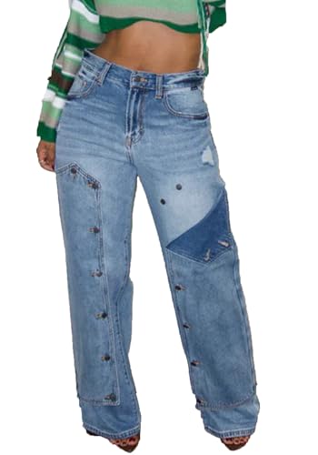 Tbahhir Baggy Cargo Jeans for Women Distressed Irregular High Waisted Wide Leg Boyfriend Y2K Denim Pants with Pockets