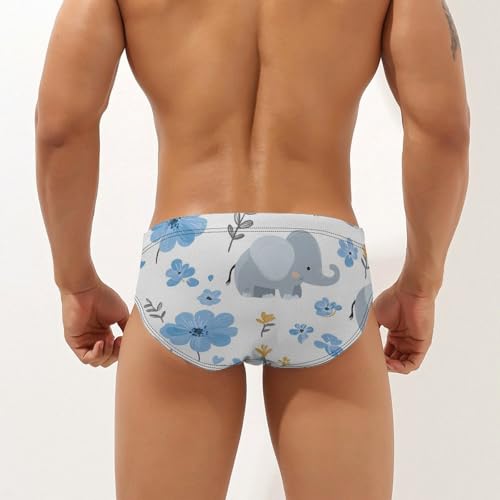 Cute Elephants and Blue Floral Mens Swim Briefs Bikini Sexy Low Rise Trunks Swimsuit Bathing Suit Beach2