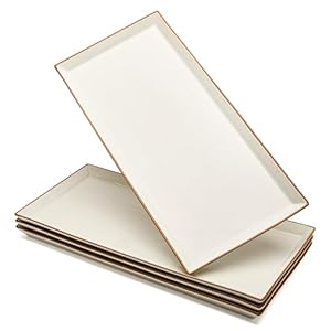 Sweese Serving Platters, Porcelain Vanilla White with Brown Trim Serving Trays for Parties, Food and Turkey, Large Rectangular Plates – 15.5 Inch, Set of 4