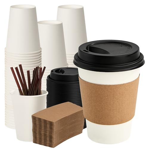 VPACKDUO 12 oz Paper Coffee Cups with Lids, Sleeves and Sticks 100 Pack