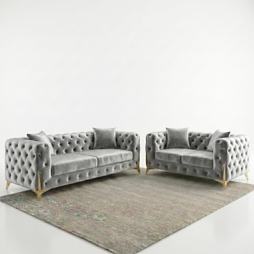 Image of CHESTERFIELD 2 Piece Sofa Set, Velvet 3+2 Seater Living Room Sofa (Silver)