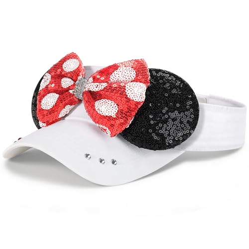 Adult Size Mouse Ears Visors for Women, Adjustable Sun Visor Hat Baseball Cap with Sequin Mouse Ears Bow for Theme Park Decor White, Red