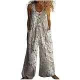 Genérico Mono Largo Mujer Verano de Algodón y Lino, Diseño Bohemio con Estampado Artístico Colorido, Sin Mangas con Botones y Bolsillos, Peto Holgado de Pernera Ancha para Playa y Diario