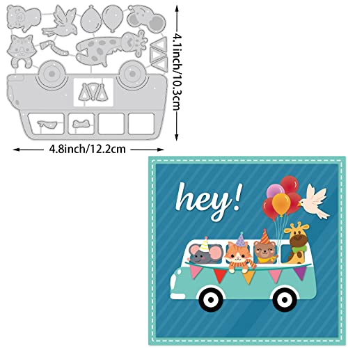 BENECREAT 4.8x4 Inch Animal Bus Pattern Cutting Dies Hey Bird Balloon Bus Party Theme Carbon Steel Embossing Stencil for Card Making Scrapbooking Paper Craft(0.8mm Thick)