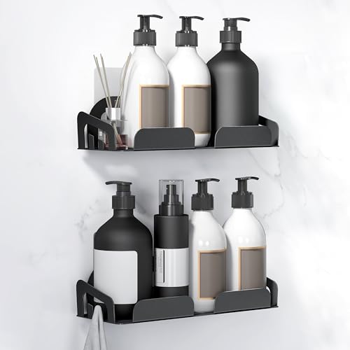 Image of Plantex Bathroom Organiser Without Drill /Self Adhesive Bathroom Shelf /Stainless Steel Shelf for Bathroom- Pack of 2 (10x4 Inch,Black)