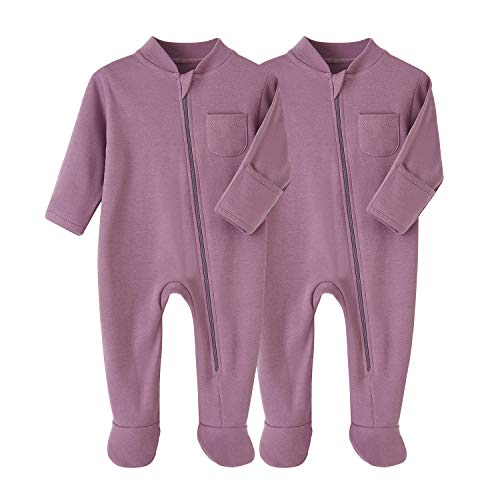 BINIDUCKLING Conjunto de 2 pijamas unisex con pies acogedores para bebés recién nacidos y niñas de colores sólidos de algodón, mamelucos de 0 a 12 meses, Purple1, 9 Meses Cover