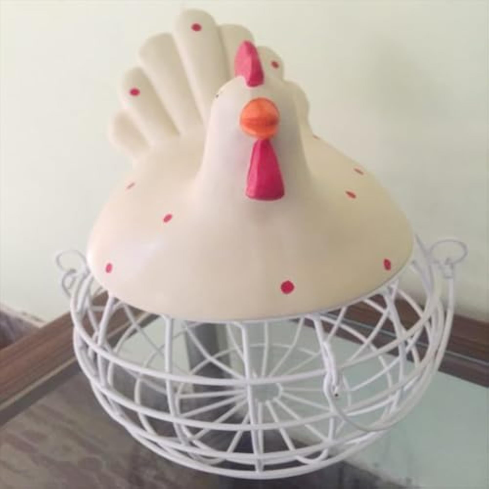 Decorative Rooster Storage Basket, White Metal Wire with Hand-Painted Top