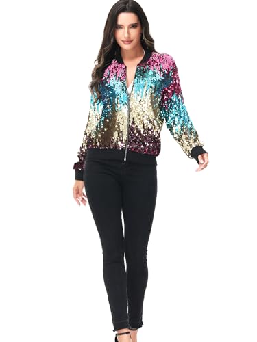 Anna-Kaci Womens Sequin Jacket Bomber Coat 1989 Slitter Outfit For Concert Party, Gradient Color, Large - Thumbnail 4