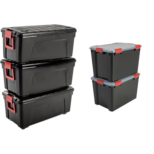 Iris Ohyama, große Kunststoff-Aufbewahrungsbox, 75 l Garagen-Aufbewahrungsbox & 2er-Set luftdichte Aufbewahrungsboxen, 70 L, mit Clips, stapelbar