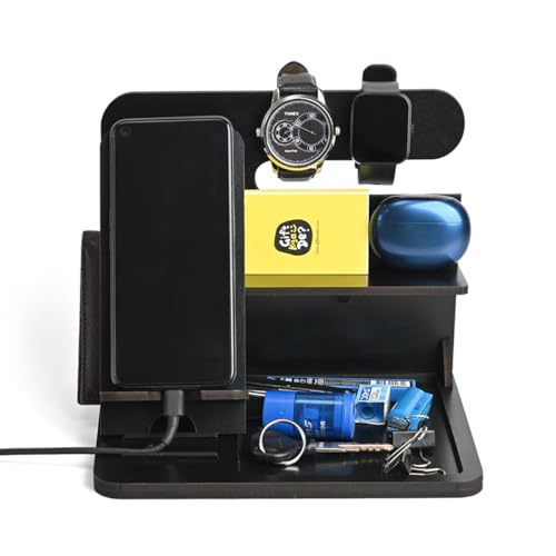 GKD Wooden Desk Organizer & Docking Station 6 in 1 with Mobile Stand | Table Organizer for Office & Home | Gift for Husband, Brother & Him | New Year Gift, Birthday Gift (Black)