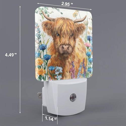 Image of Spring Flowers Night Light Set of 2, Highland Cow Auto Sensor LED Dusk-to-Dawn Nightlights, Plug-in Sensor Lamp for Bedroom Bathroom Kitchen Hallway Stairs Decorative