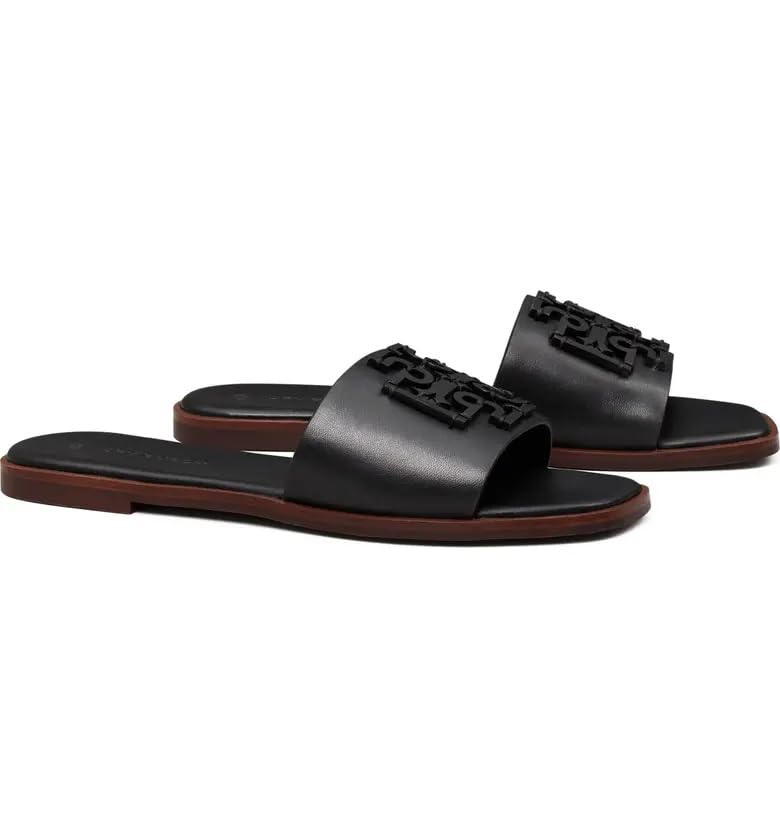 Tory Burch Women's Black Leather Medallion Ines Slides Flats Shoes
