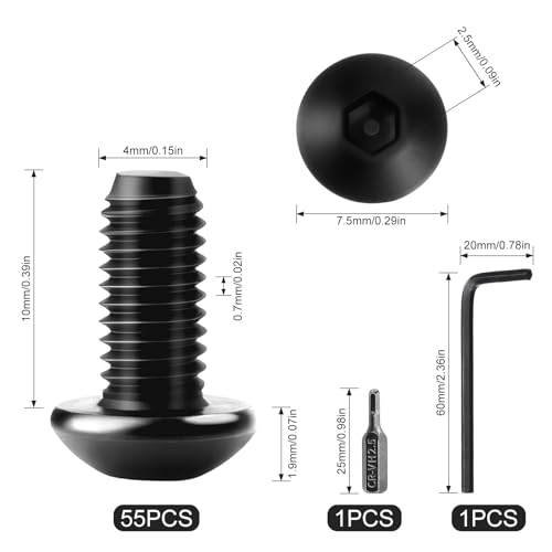 XRXYMQ 55 Stück M4 Schrauben Schwarz Linsenkopfschrauben M4x10 mm Flachkopfschrauben Innensechskant M4 Schrauben mit Inbusschlüssel und Innensechskant Bit Schraube für DIY-Projekte und Wartung