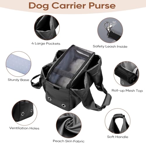 Image of Dog Purse Carrier for Small Dogs, Cats, and Puppies - Soft-Sided Travel Pet Tote Bag with 4 Large Pockets, Foldable, Lightweight, Fits Pets up to 15 lbs, for Travel, Vet, Outings (Black)