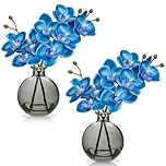 Hollyone 2pcs Artificial Blue Orchid Flower in Vase, Small Fake Orchid Plant with Glass Vase, Decorative Faux Phalaenopsis for Wedding, Centerpiece, Home Decor, Living Room, Bathroom Decorations