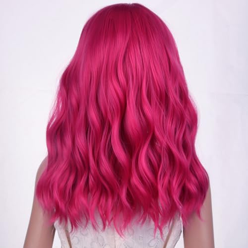 Image of PATTNIUM Hot Pink Wig for Kids Short Wavy Wig Neon Pink Wigs with Bangs Girls Magenta Cosplay Halloween Party Costume Wigs