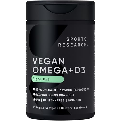 Image of Sports Research Vegan Omega-3 with Vitamin D3 Softgels - 1020mg Omega-3 & 5000iu D3 Supplement - Fish Oil Alternative with Vitamin D Plant-Based Support from Algae Oil - 60 Veggie Softgels for Adults