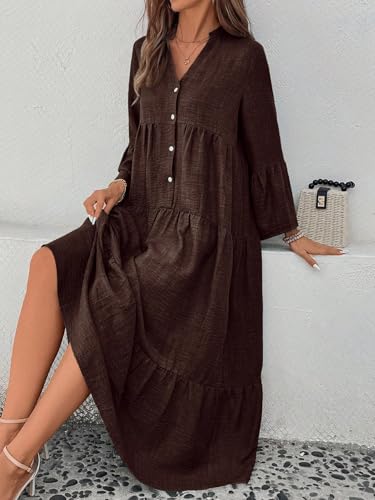 MARZXIN Women's Long Sleeve Maxi Shirt Dress Notched V Neck Single-Breasted Casual Loose Swing Maxi Dress 5