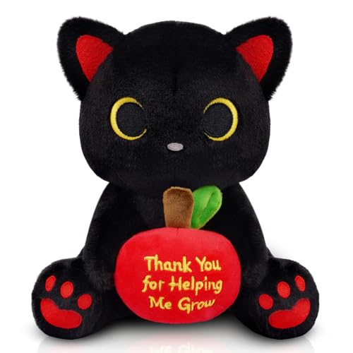 Image of Black Cat Plush Holding Red Apple - Teacher Appreciation Gift Thank You for Helping Me Grow, 8inch Cute Stuffed Cat Plushie, Kawaii Toy Thank You Gift for Women Men Desktop Decor