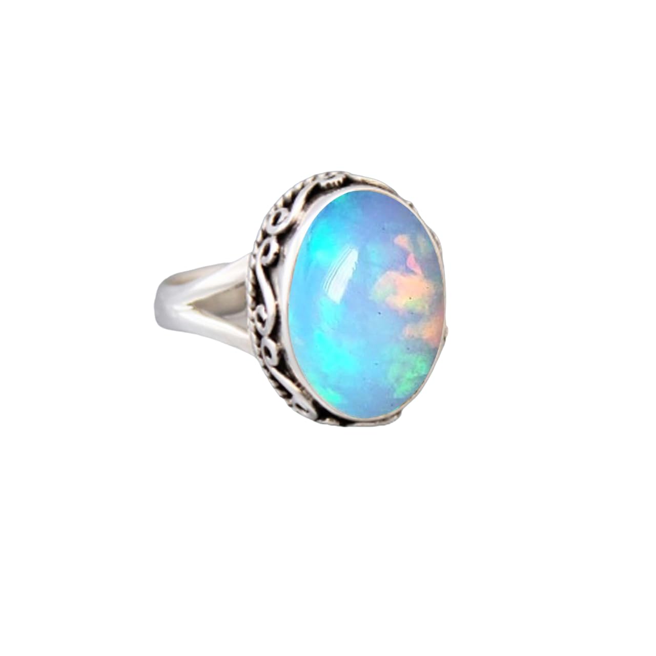 NKGBeautiful Aurora Opal Gemstone Ring 925 Sterling Silver Handmade Statement Ring Oval Shaped Cabochon Ring For Women Elegant Gift Ring For Best Friend By NKG