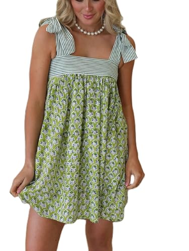 Image of Women Floral Tie Shoulder Mini Dress Cute Square Neck Loose Fit Beach Short Dress Backless Boho Vocation Sundress