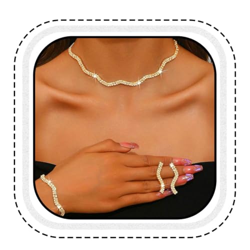 Aukmla Rhinestones Bridal Wedding Jewelry Set Choker Necklaces Earrings Bracelet Sets Prom Jewelry for Women and Brides (Gold)
