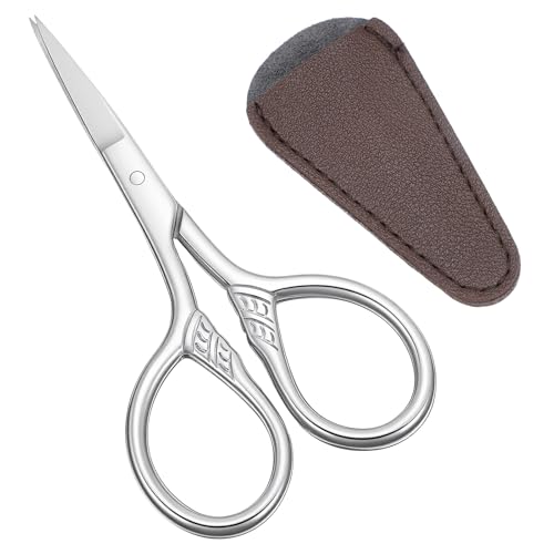 Tijeras pequeñas de precisión de acero inoxidable, multiusos, vintage, kit de aseo profesional, mini tijeras para vello facial, cejas, pestañas, barba, bigote, con funda de cuero