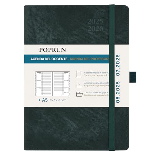 POPRUN Cuaderno del Profesor 2025 2026 A5 - Agenda Docente 25/26 Semana Vista con Pestaña Mensual de Ago.2025 a Jul.2026. Tapa Dura de Cuero Vegano y Papel Grueso de 90 g/m², Verde Oscuro