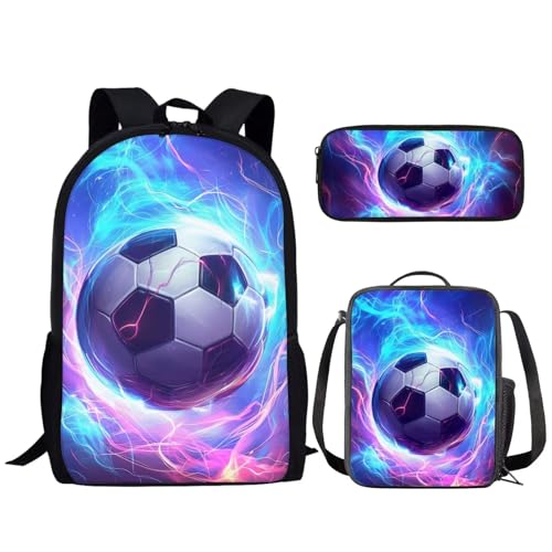 Bulopur Flame Kids Soccer Backpack For School 3 PCS Laptop Backpack Travel Backpacks Bookbags Daypack Schoolbag Lunch Bags Pencil Cases for High School Students Girly Boys
