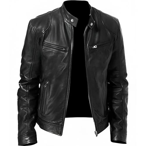 Image of Men's Real Leather Jacket Biker Motorcycle Cafe Racer Vintage Retro Bomber Winter Black Genuine Leather Jacket