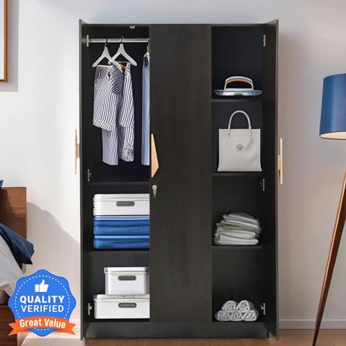 Image of Mintwud Pepperfry Engineered Wood Wardrobe with 3 Doors Storage and 1 Hanging Rod | Wooden Almirah Cupboard for Clothes Storage Organizer for Living Room Home Bedroom Furniture (Wenge Finish)