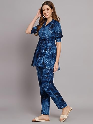 Image of Women's Cotton Regular Fit V Neck Printed Top with Trouser Co-ords Set with Fashion & Elegant Design (1 Top 1 Pant 1 Belt)
