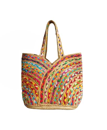 SHIVERO HOMES Handmade Jute Cotton Straw Boho Beach Bags Buckets Handbag Shoulder Bag Tote Bag for Women Tassel Bag Natural Fiber Hand Woevn Handbags Multicolor