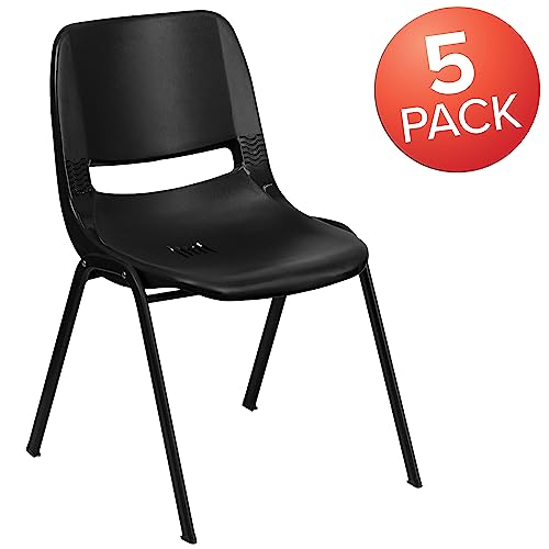 Flash Furniture 5 Pack HERCULES Series 661 lb. Capacity Black Ergonomic Shell Stack Chair with Black Frame and 16\'\' Seat Height - Thumbnail 4