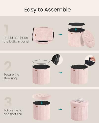 Image of SONGMICS Mazie Collection - Round Storage Ottoman, Folding Footrest Stool with Removable Lid, Easy Assembly, PU Leather Vanity Stool for Bedroom, Living Room, Entryway, Jelly Pink ULSF609SA01