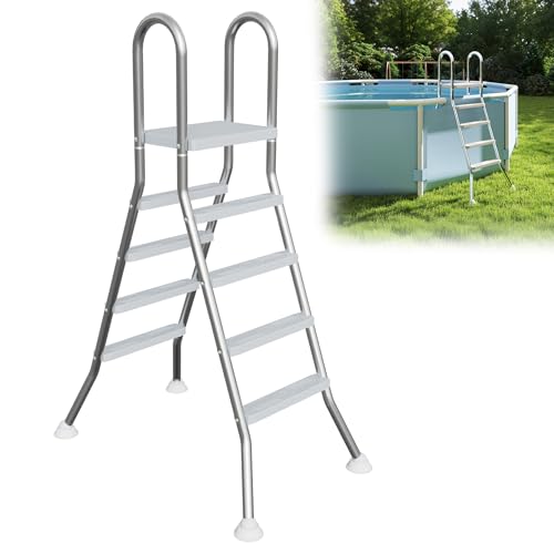 YRHome Edelstahl Poolleiter 4-Stufen (189 cm Hoch) mit rutschfesten Trittflächen & Gummifüßen - Sicherheitsleiter für Aufstellpools 1,2-1,6 m - Inkl. Montagezubehör